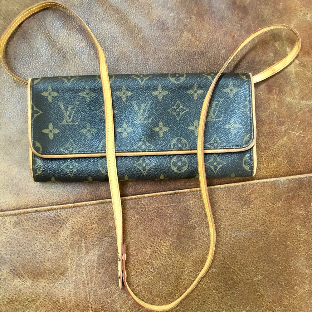 Louis Vuitton Monogram twin pouchette  bag with original LV leather strap- Brown